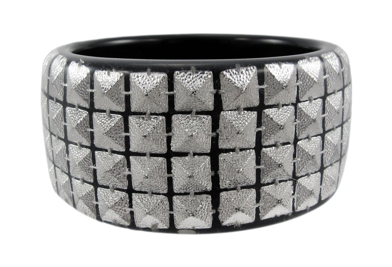 1 1/2 Inch Wide Silvertone Pyramid Studded Lucite Bangle Bracelet